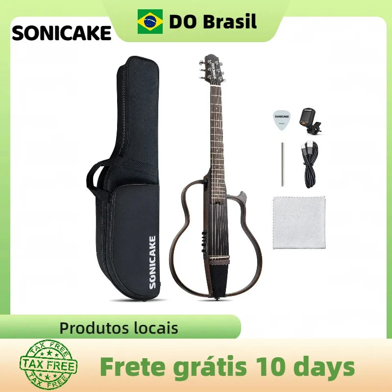 SONICAKE Brasil Silent Acoustic Electric Travel Guitar Solid Mahogany Body Assembly Frames Rechargeable Gig Bag All Accessories