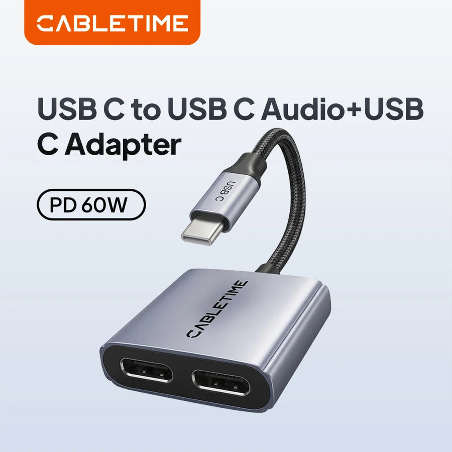 CABLETIME Adaptador USB-C 2 em 1 com Carga Rápida 60W
