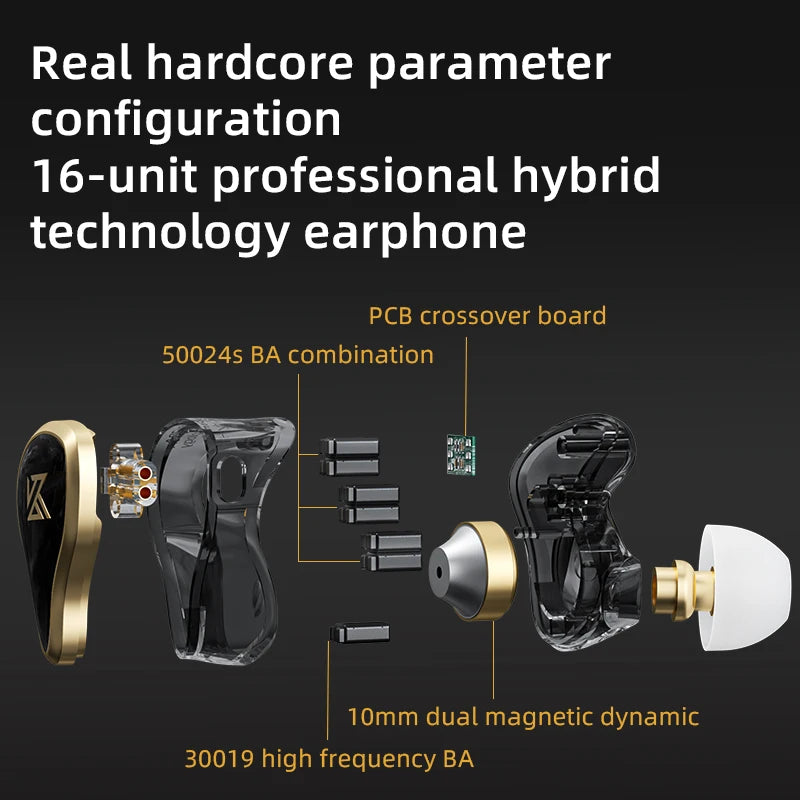 Fone Intra-auricular KZ ZAS — 16 Drivers Híbridos, Monitor HiFi