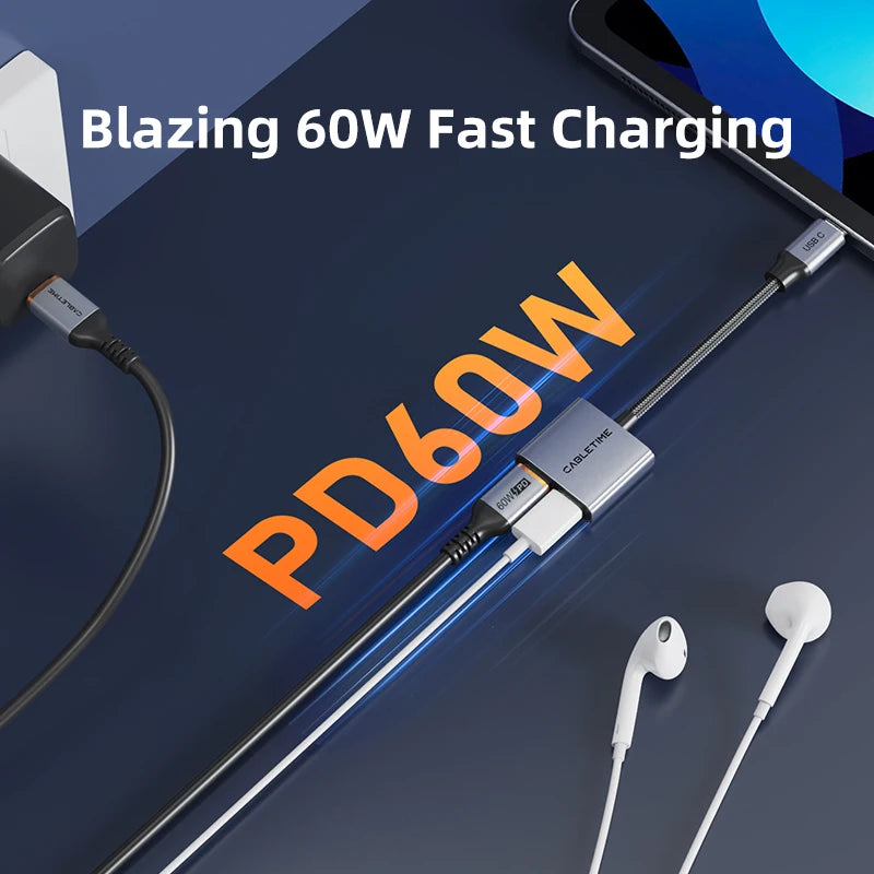CABLETIME Adaptador USB-C 2 em 1 com Carga Rápida 60W