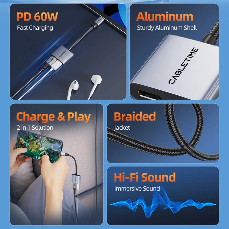 CABLETIME Adaptador USB-C 2 em 1 com Carga Rápida 60W