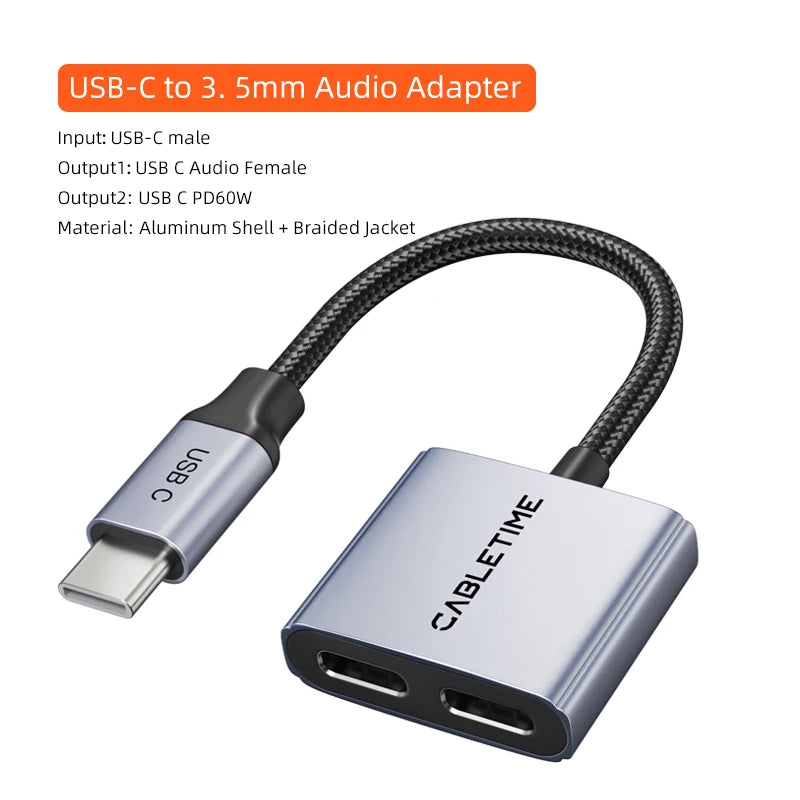 CABLETIME Adaptador USB-C 2 em 1 com Carga Rápida 60W