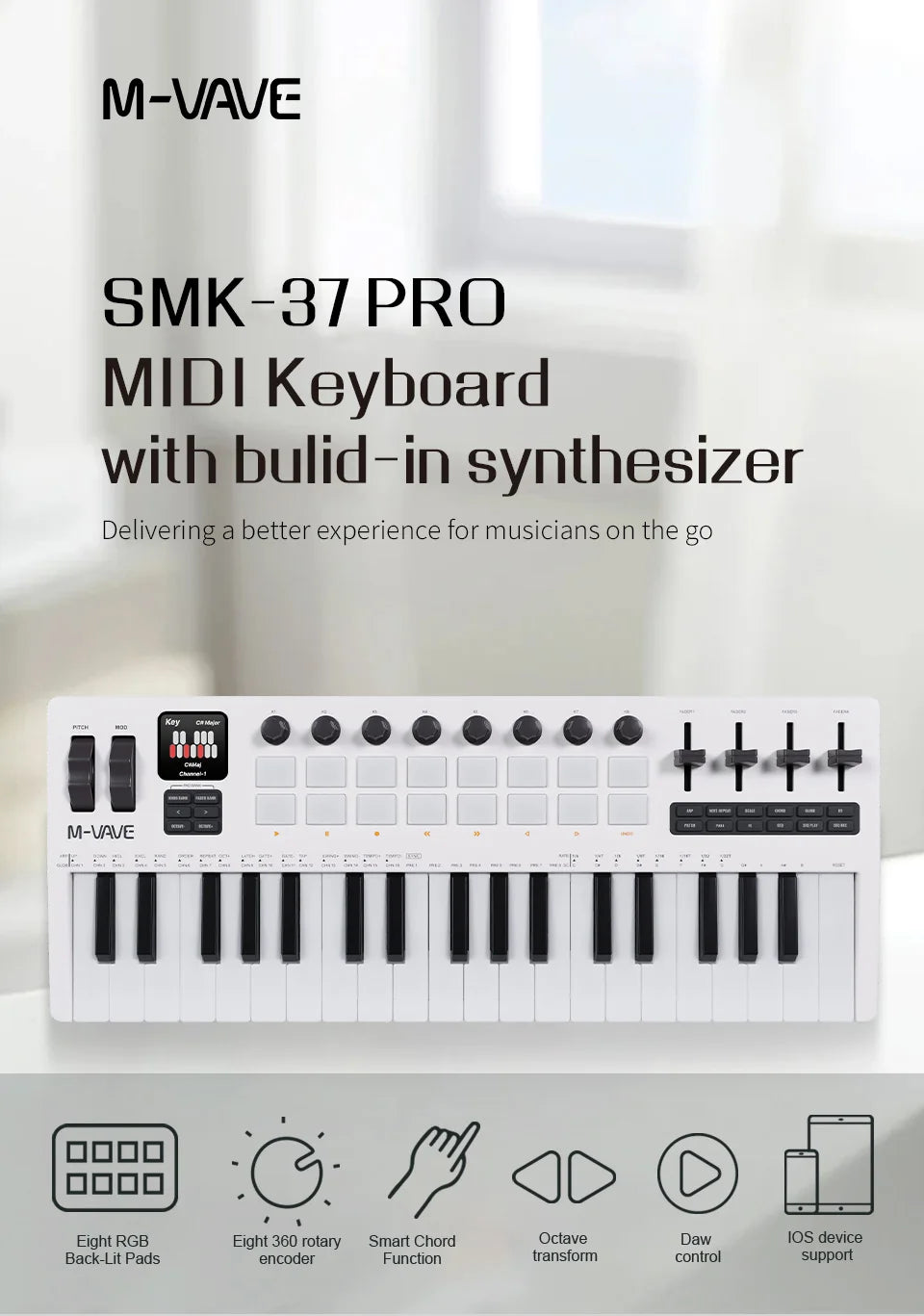 Teclado Controlador MIDI M-VAVE SMK-37 — 37 Teclas, 16 Pads RGB e Bluetooth