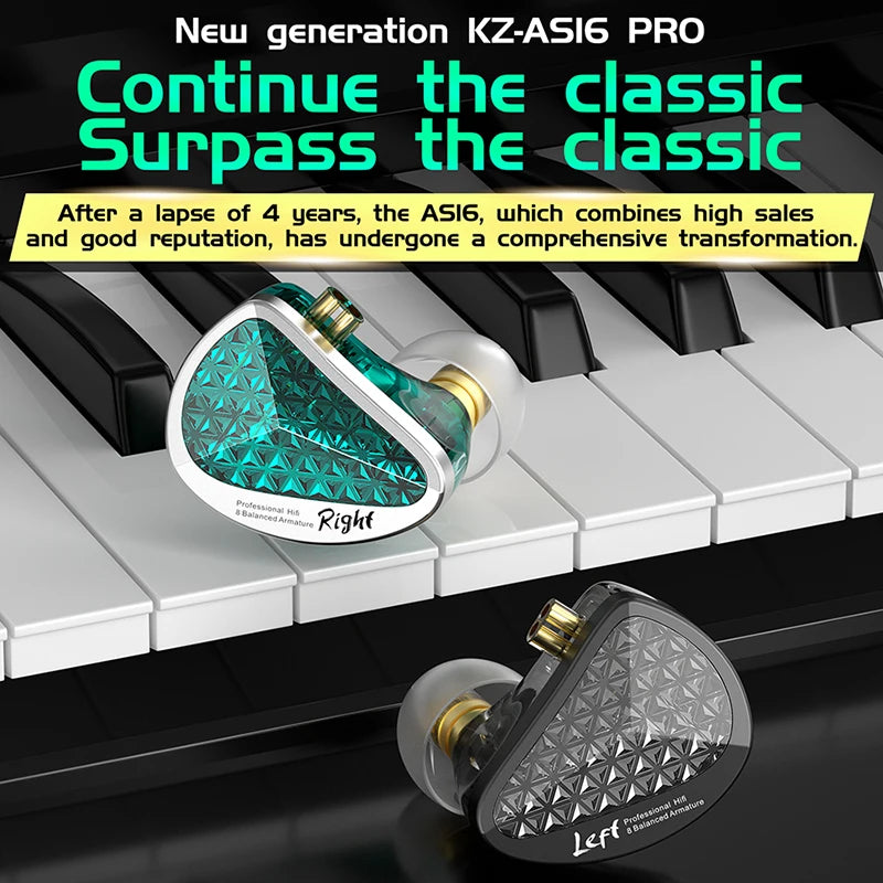 Fone Intra-auricular KZ AS16 Pro — 8 Balanced Armature, Monitor HiFi