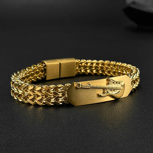 Pulseira Aço Inox Guitarra Dourada Masculina