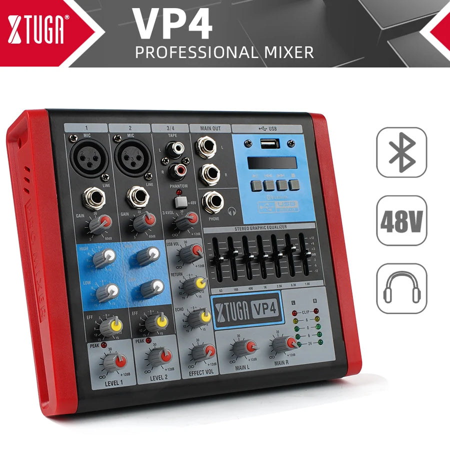XTUGA VP-4 Professional 4 Channels Audio Mixer DJ Controller Bluetooth USB Interface For Stage Performance Studio Audio Mixer