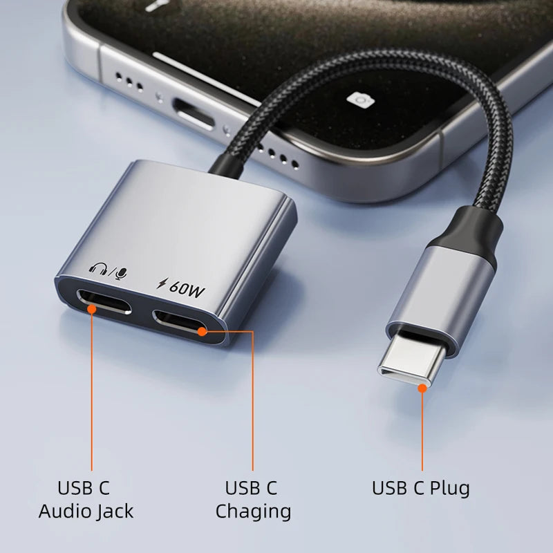 CABLETIME Adaptador USB-C 2 em 1 com Carga Rápida 60W