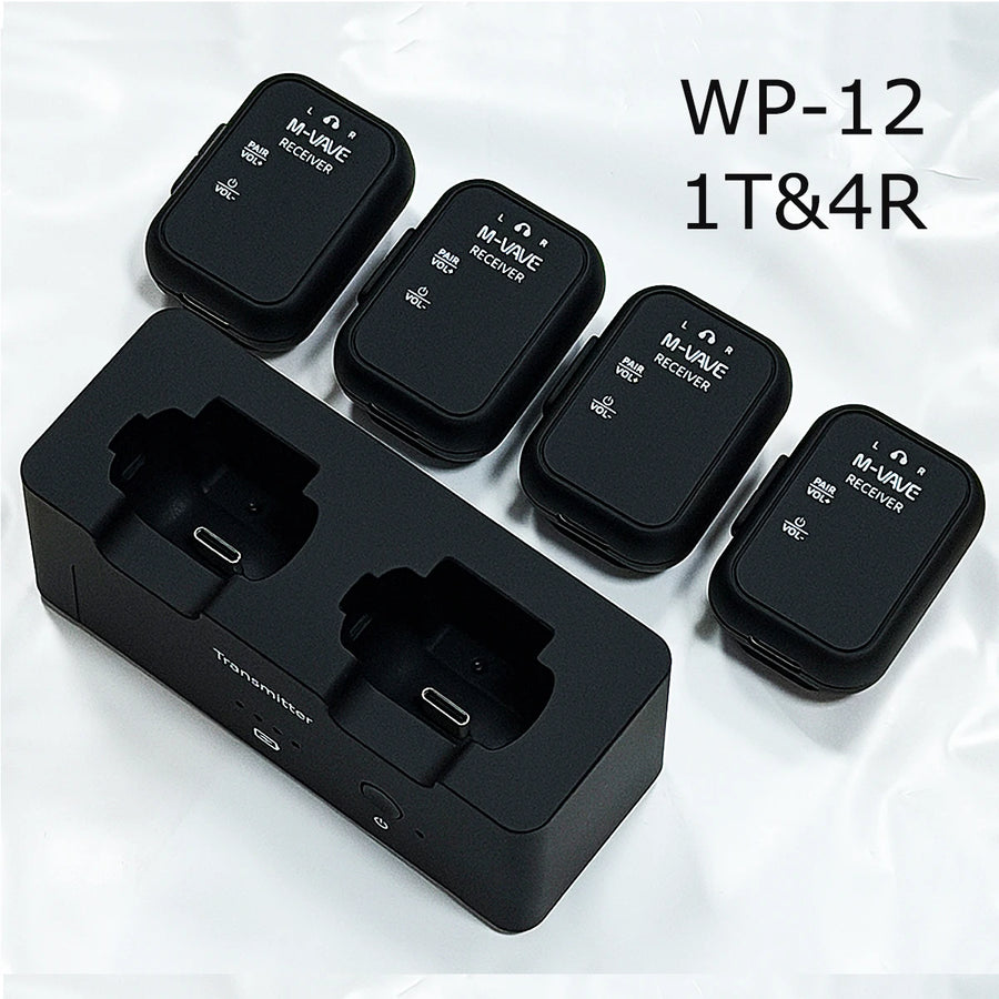 M-VAVE WP-12 1 Transmitter & 4 Receivers Wireless In-Ear Monitor System – 2.4GHz, 24bit/48kHz, 30m Range, 3ms Latency, for Stag