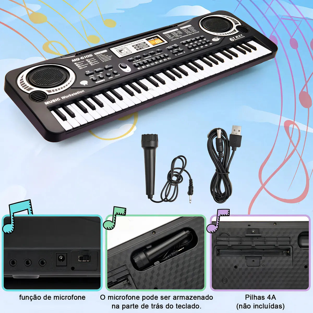 Lictin Teclado Eletrônico Digital De 61teclas Para Crianças, Piano Elétrico Para Iniciantes Inclui Microfone